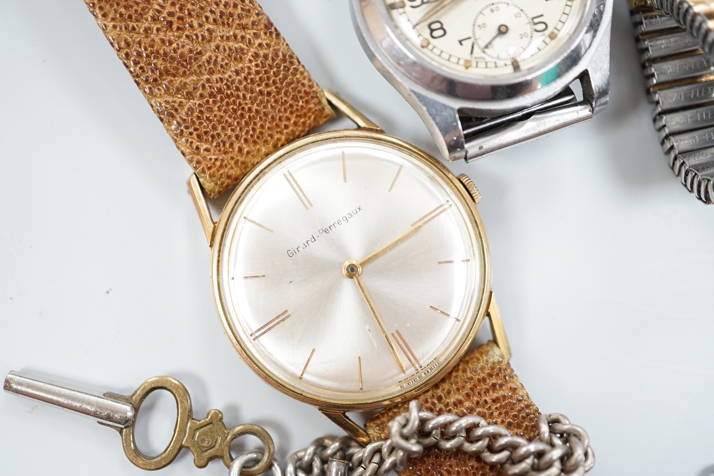 A lady's 9ct Rolex watch (a.f.), a stainless steel Enicar military watch, a gentleman's stainless steel Omega manual wind wrist watch, cased diameter 35mm, five other watches or movements and an Omega stop watch.